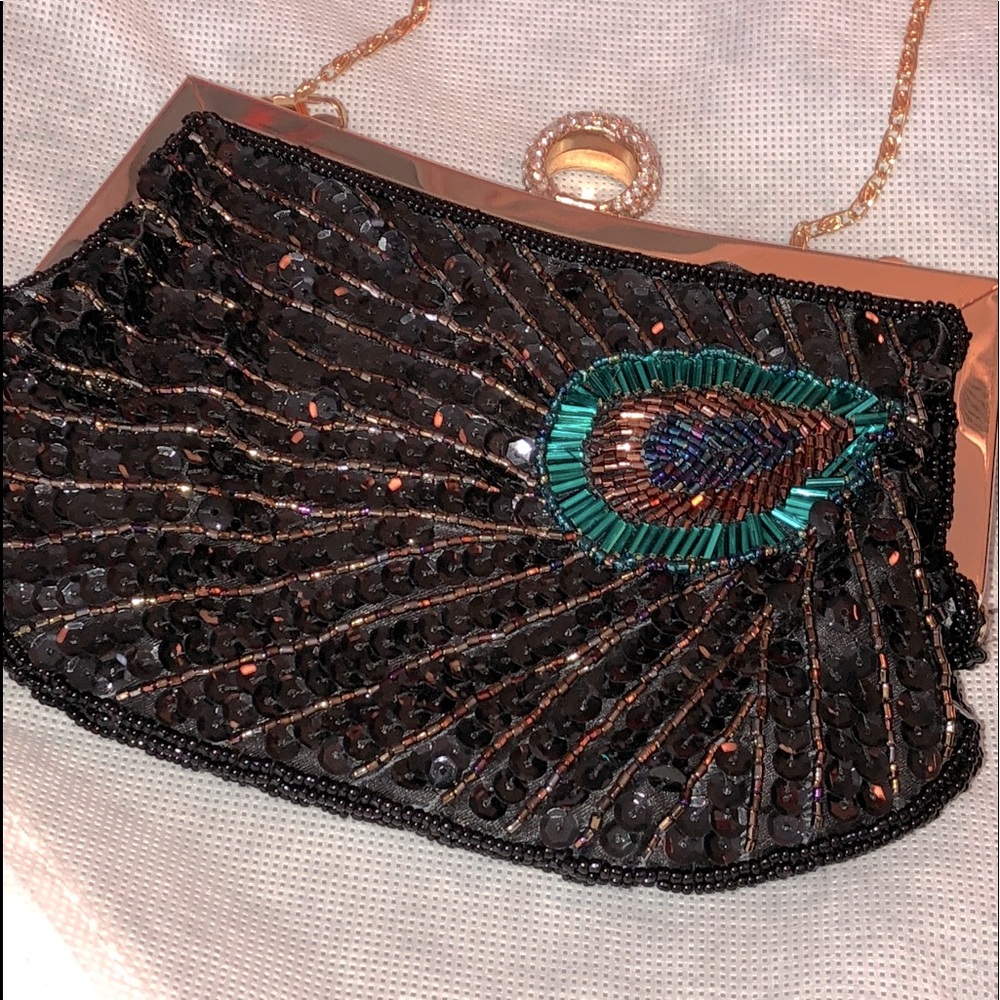 Peacock glass beaded clutch and Ring clasp